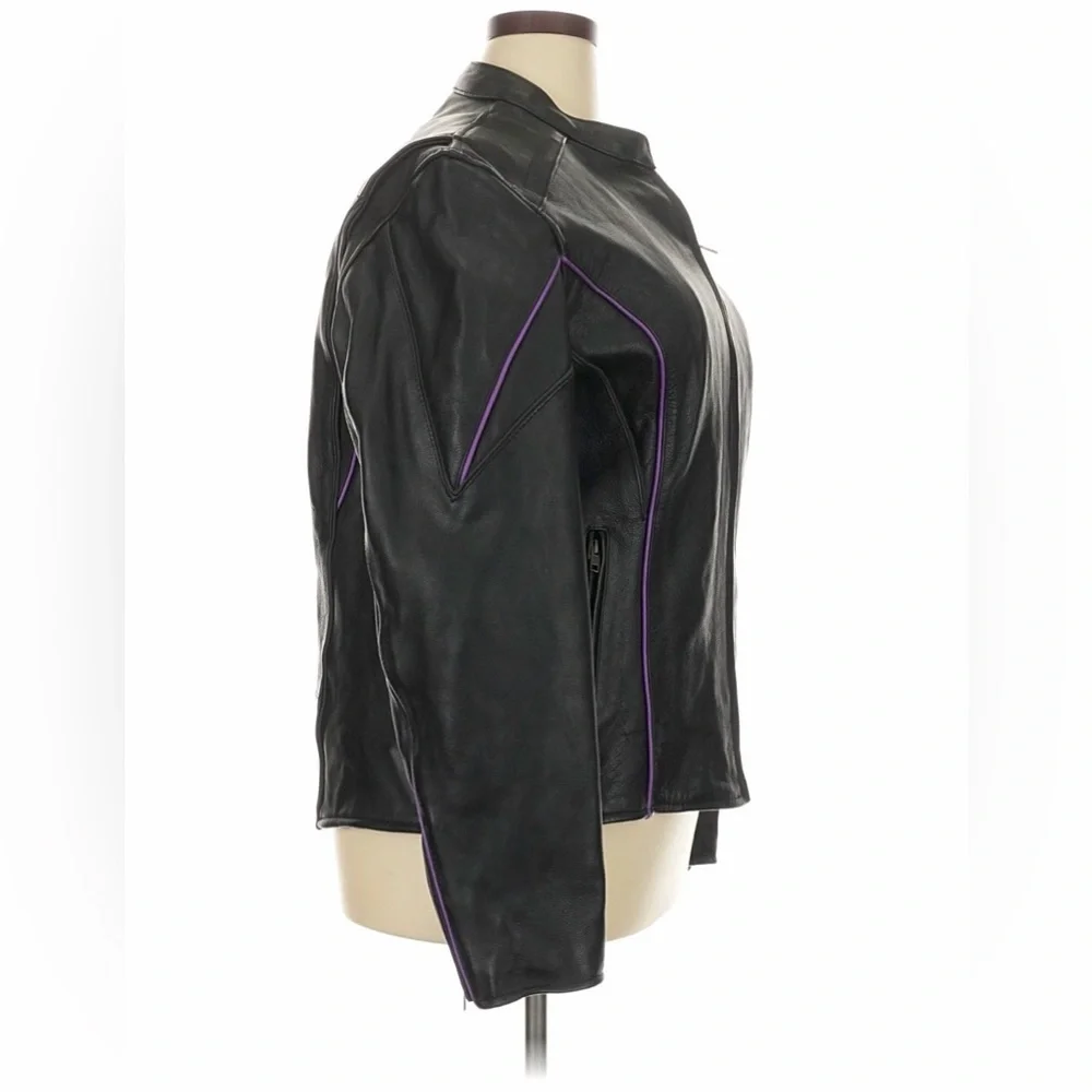 Women's Black Leather Motorcycle Jacket with Purple Embroidered Phoenix